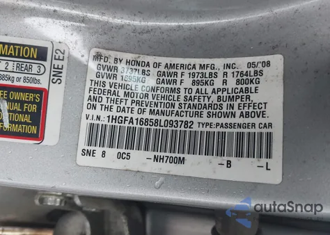 2008 Honda Civic Ex из США, поврежденный, VIN 1HGFA16858L093782